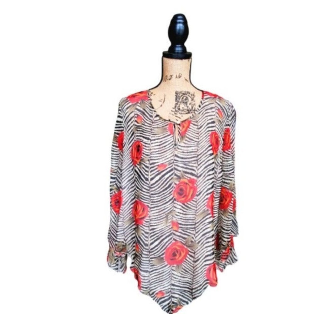 EDWARD Blouse Zebra/Floral Print Sheer Lined Wms L